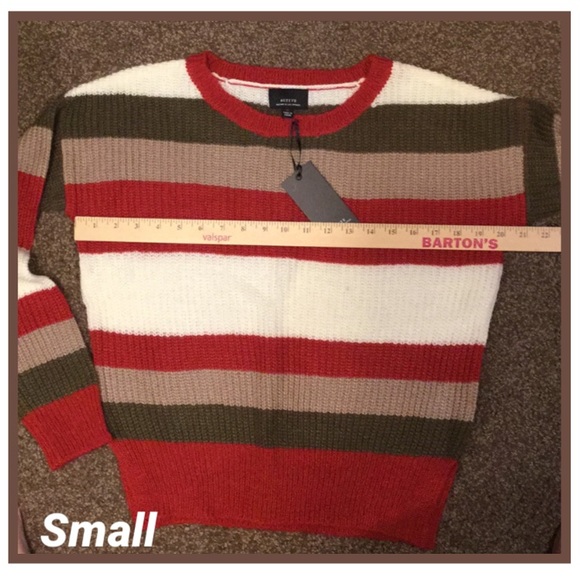 🎈Sold🎈Bright Red & Olive Stripe Cozy Side Slit Sweater (S) - Picture 7 of 12